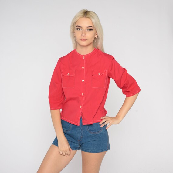 70s Red Blouse Simple Boho Button Up Shirt Short … - image 3