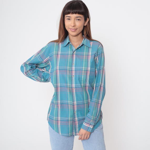 Ralph Lauren Plaid Shirt 90s Chaps Turquoise Teal Purple Pink White Green Checkered Long Sleeve Collar Preppy Grunge Equestrian Medium M
