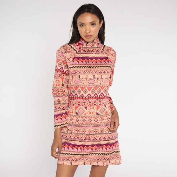 Mod Mini Dress 60s Geometric Aztec Print Pink Moc… - image 4