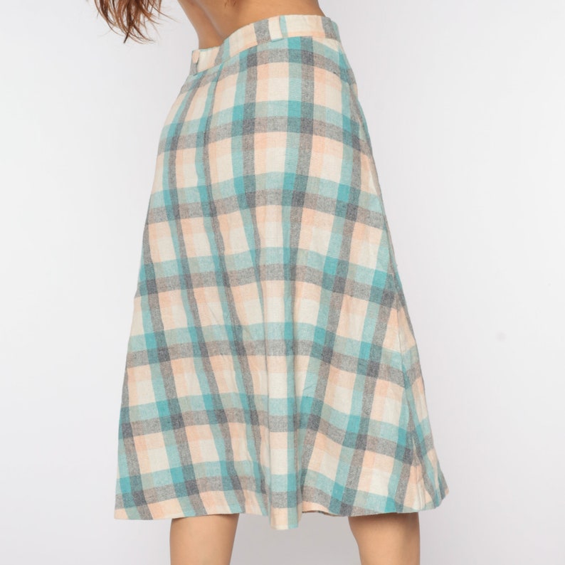 Wool Plaid Skirt Tartan Skirt Midi Kilt School Girl High Waist 70s Checkered Retro Vintage Turquoise White Peach Medium image 5