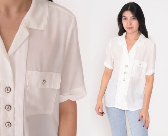 White Button up Blouse 90s Sheer Top Pleated Shirt Short Sleeve Collared V Neck Basic Plain Preppy Chest Pocket Vintage 1990s Nicola Small S