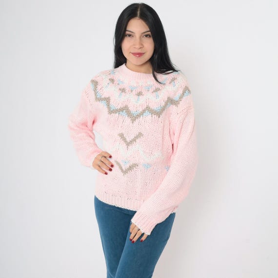 Vintage Icelandic Sweater 80s Pastel Baby Pink Boho Sweater Ski Sweater Bohemian Fair Isle Sweater 1980s Ramie Cotton Knit Small S
