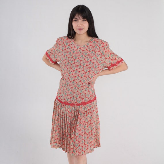 Red Floral Dress Y2k Mini Dress Drop Waist Pleated Scooter Retro Tiered Flounce Lace Trim Short Sleeve Summer Day Vintage 00s Large