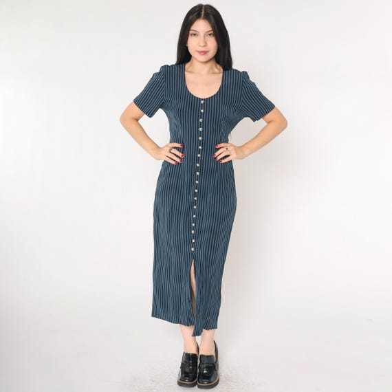 Vintage Striped Sheath Dress 90s Black Blue Button Up Midi Dress Pencil Short Sleeve Dress Preppy Scoop Neck 1990s Medium 8