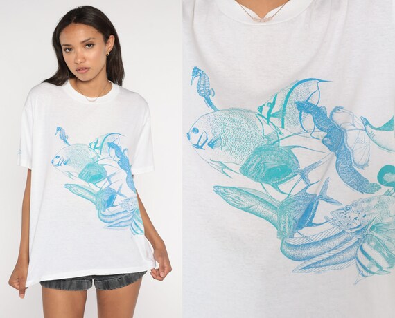 Tropical Fish Shirt Key Largo Florida Tshirt 80s American Diving Headquarters Graphic T Shirt Vintage Under The Sea Scuba 1980s Small S
