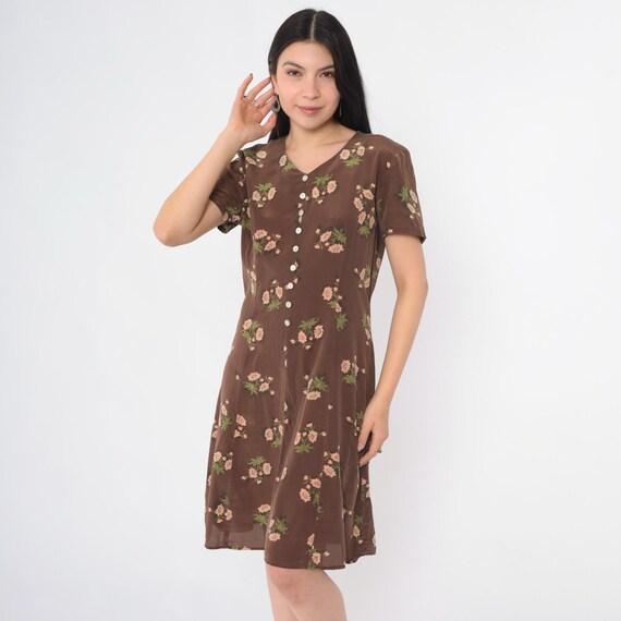 Y2K Brown Silk Floral Dress Mini Short Sleeve Button Up V Neck 00s Boho Vintage Minidress Short Sleeve Summer Shift Medium 10