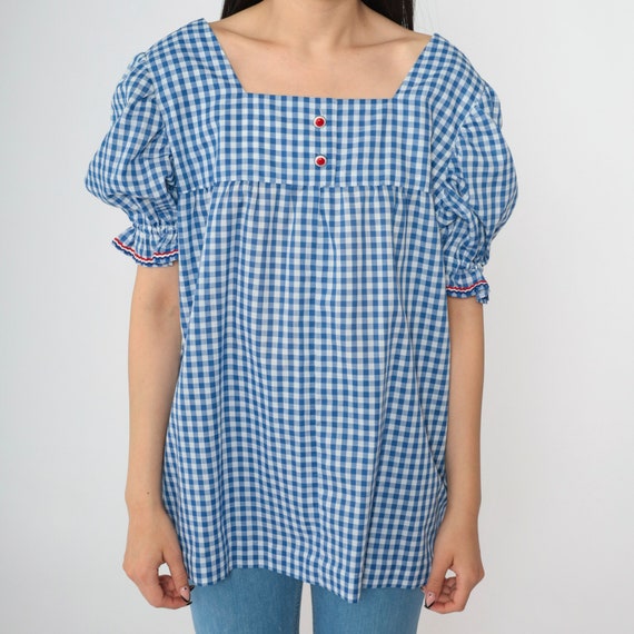 70s Gingham Puff Sleeve Blouse 1970s Blue White Checkered Shirt Tunic Top Bohemian Square Neck Picnic Top Cottagecore Prairie Vintage Large
