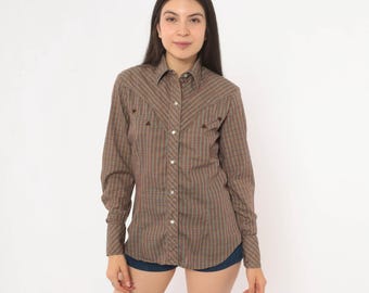 70s Western Plaid Shirt Snap Front Brown Blue Check Cotton Yoke Long Sleeve Cowgirl Country Checkered Prairie Vintage Top Medium M
