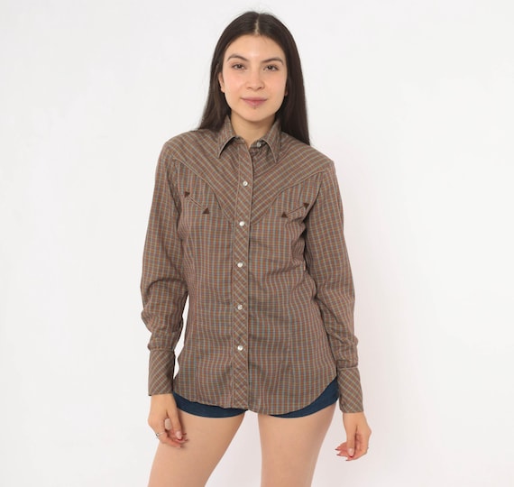 70s Western Plaid Shirt Snap Front Brown Blue Check Cotton Yoke Long Sleeve Cowgirl Country Checkered Prairie Vintage Top Medium M