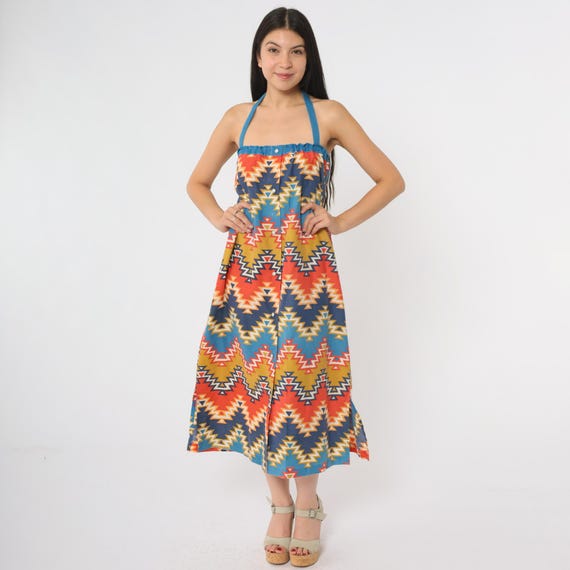 70s Dress Geometric Southwest Print Cotton Halter Neck Button Front Midi Vintage Boho Festival Pattern Diamond Zigzag Colorful Small S