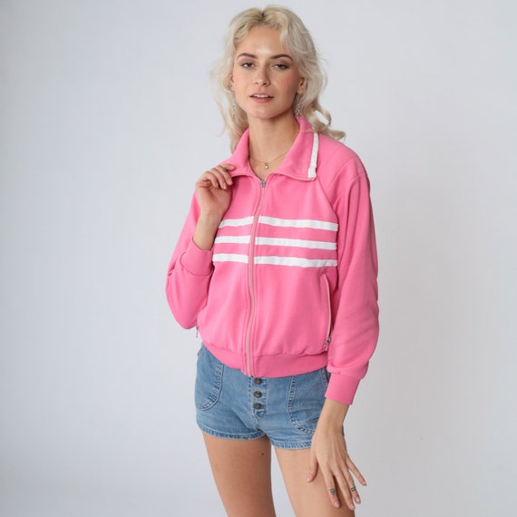 Hot Pink Track Jacket 80s Striped Zip Up Sweatshi… - image 2