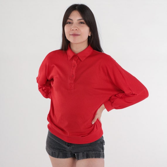 Red Polo Shirt 80s Collar Top Long Sleeve Shirt Plain T Shirt 1980s Retro Tee Vintage Preppy Shirt Slouchy Banded Hem Medium