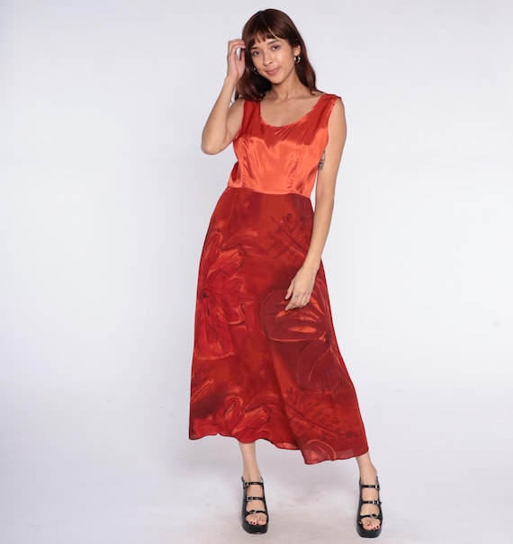 Red Floral Maxi 90s Red Orange Dress Large Bold Leaf Print Two Tone Sleeveless Tank Top A Line Summer Vintage Flowing Sundress Medium M