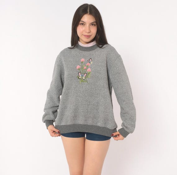 Embroidered Butterfly Sweatshirt 90s Grey Floral Crewneck Pullover Pink Garden Bouquet Grandma Sweater Ash Charcoal Vintage Large L