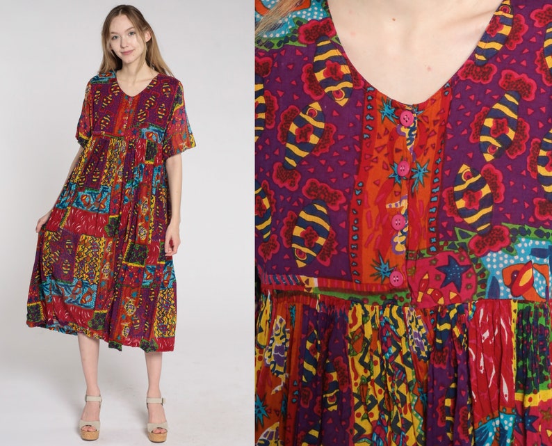 Tropical Fish Dress Babydoll Dress Y2K Midi Bohemian Empire Waist Patchwork Busy Patterned Vintage Boho Button Up Short Sleeve Red Medium image 1