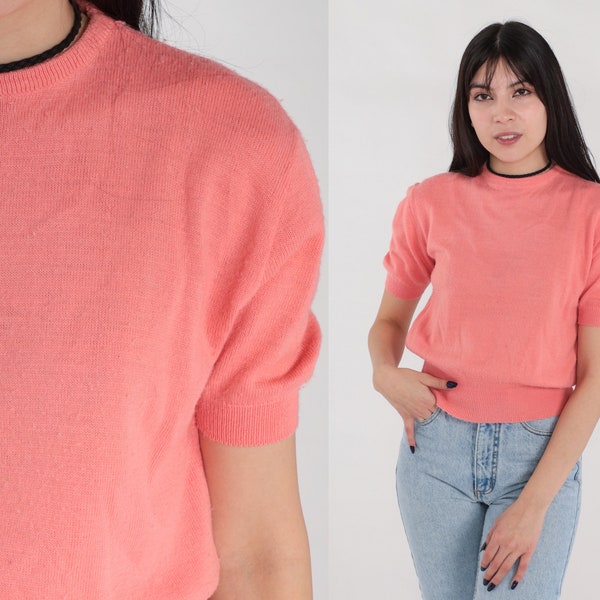 Pink Knit Shirt 60s Sweater Top Short Sleeve Plain Cropped Retro Simple Knitwear Basic Solid Mod Simple Sixties Nylon Vintage 1960s Small S