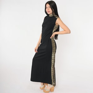 Vintage Black Evening Dress 70s High Mock Neck Gold Trim High Side Slit Grecian Maxi Gown Sleeveless 1970s Cocktail Party Dress Small S