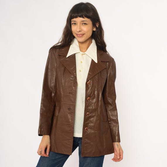 70s Brown Leather Jacket Button Front Collared Braided Belt Detail Back Dark Academia Old Money Style Vintage Blazer Coat Cognac Medium M