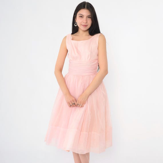Vintage 60s Pink Chiffon Party Dress Midi Pastel Cocktail 1960s High Waist Formal Evening Sleeveless Prom Fit and Flare Gown Extra Small xs
