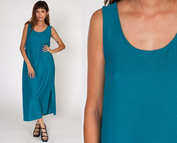 Long Blue Dress 90s Grunge Maxi Dress Sleeveless Dress Tank Dress Side Slit Shift Plain Vintage Normcore Ankle Length 1990s Medium