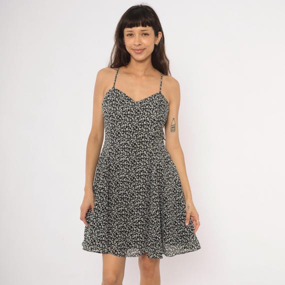 90s Ditsy Floral Sundress Black White Spaghetti Strap V Neck Fit And Flare Knee Length Ann Taylor A Line Summer Cami Vintage Large L