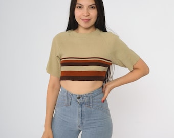 70er Gestreiftes Crop Top Hellbraun Rost Rippstrick Kurzarm Pullover Stretch Fit Rundhalsausschnitt Cropped Pullover tailliert Strickwaren Retro 1970 Large L