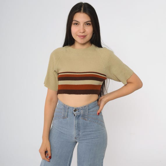 70s Striped Crop Top Tan Brown Rust Rib Knit Short Sleeve Sweater Stretchy Fit Crew Neck Cropped Pullover Fitted Knitwear Retro 1970 Large L
