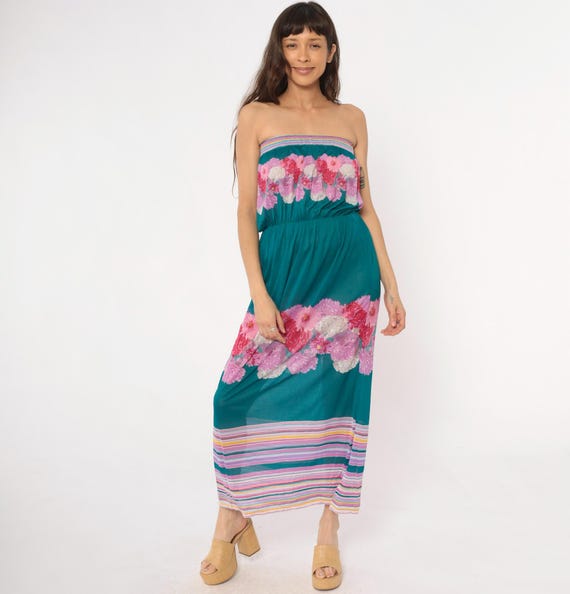 80s Floral Strapless Dress Tube Top Teal Green Pink Purple Carnation Print Summer Vacation Beach Resort Disco Party Sheer Sundress Small S