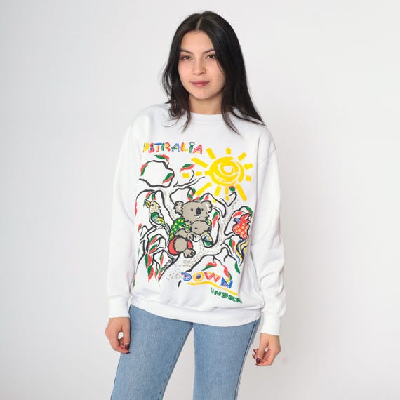 Vintage Australia Koala Sweatshirt 90s Australian Wildlife Down Under Sun Graphic Shirt White Crewneck 1990s Medium Large