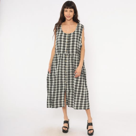 Black White Plaid Sundress Button Front Sleeveless Gingham Check Midi Gathered Waist Scoop Neck Cotton 90s Checkered Dress Plus Size 2xl