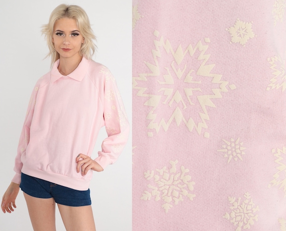 Snowflake Sweatshirt 90s Baby Pink Collared Sweat… - image 1