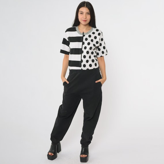 Black White Jumpsuit 90s Mixed Print Polka Dot Stripes Front Zip Short Sleeves Vintage Two Piece Separates Cotton Geometric Medium M