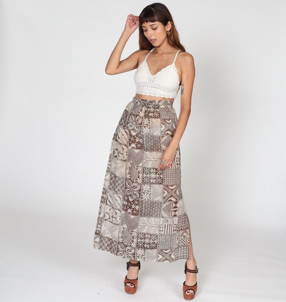 80s Wrap Skirt Maxi Skirt Semi-Sheer Abstract Geometric Floral Print Long Beach Coverup Hippie Festival Summer Cotton Vintage 1980s Small S