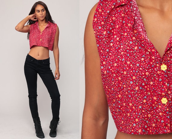 Floral Blouse Crop Top Sleeveless Shirt 70s Boho Button Up Shirt Red Hippie 1970s Bohemian Vintage Retro Sleeveless Medium
