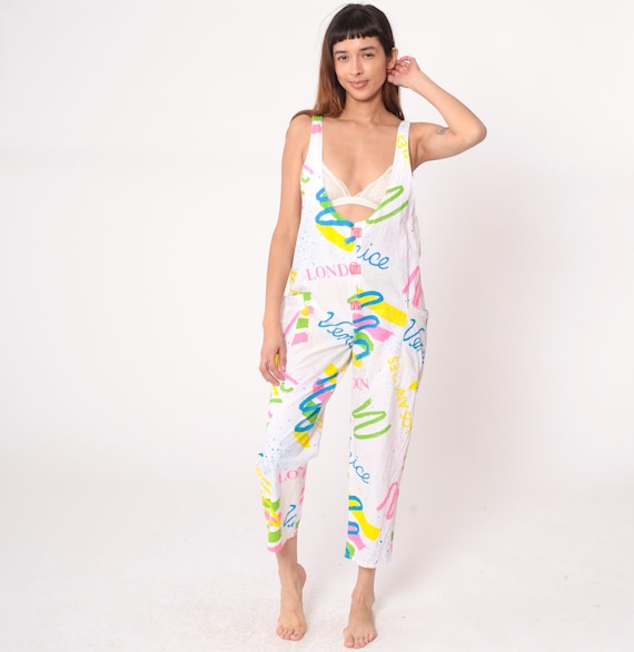Graffiti Tapered Jumpsuit 90s Colorful Cotton Sleeveless Deep V Neck Cropped Ankle Length White Vintage Romper Streetwear One Piece Medium M