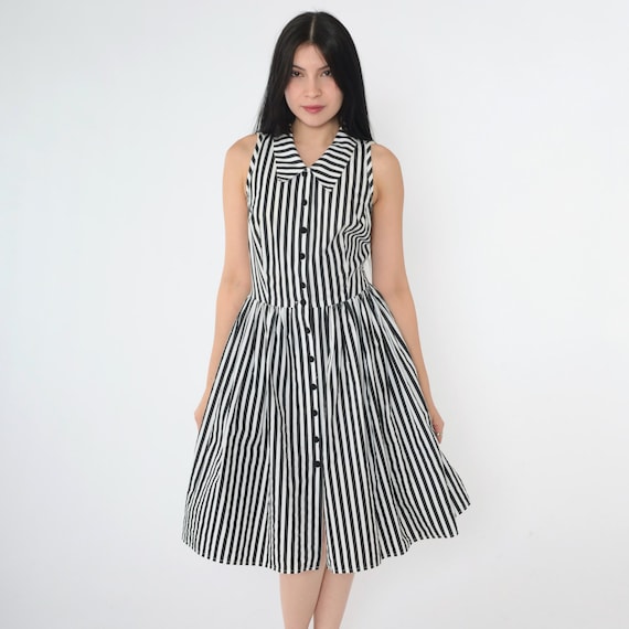 Y2K Black White Striped Dress Button Up Shirtdress Midi Knee Length Retro Shirt Dress 00s Sleeveless Sundress High Waist Extra Small xs