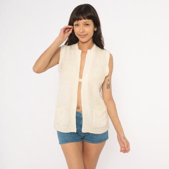 80s Knit Sweater Vest Cream Sleeveless Cardigan Waistcoat Patch Pocket Top Off White Academic Collegiate Preppy Grandpa Vintage Small S