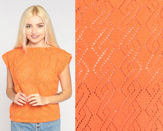 Orange Sweater Top 70s Pointelle Knit Shirt Cap Sleeve Cutout Blouse Retro Basic Plain Seventies Knitwear Vintage 1970s Acrylic Medium M