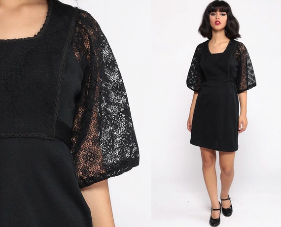 Black Babydoll Dress 70s Mini Dress Bohemian ANGEL
