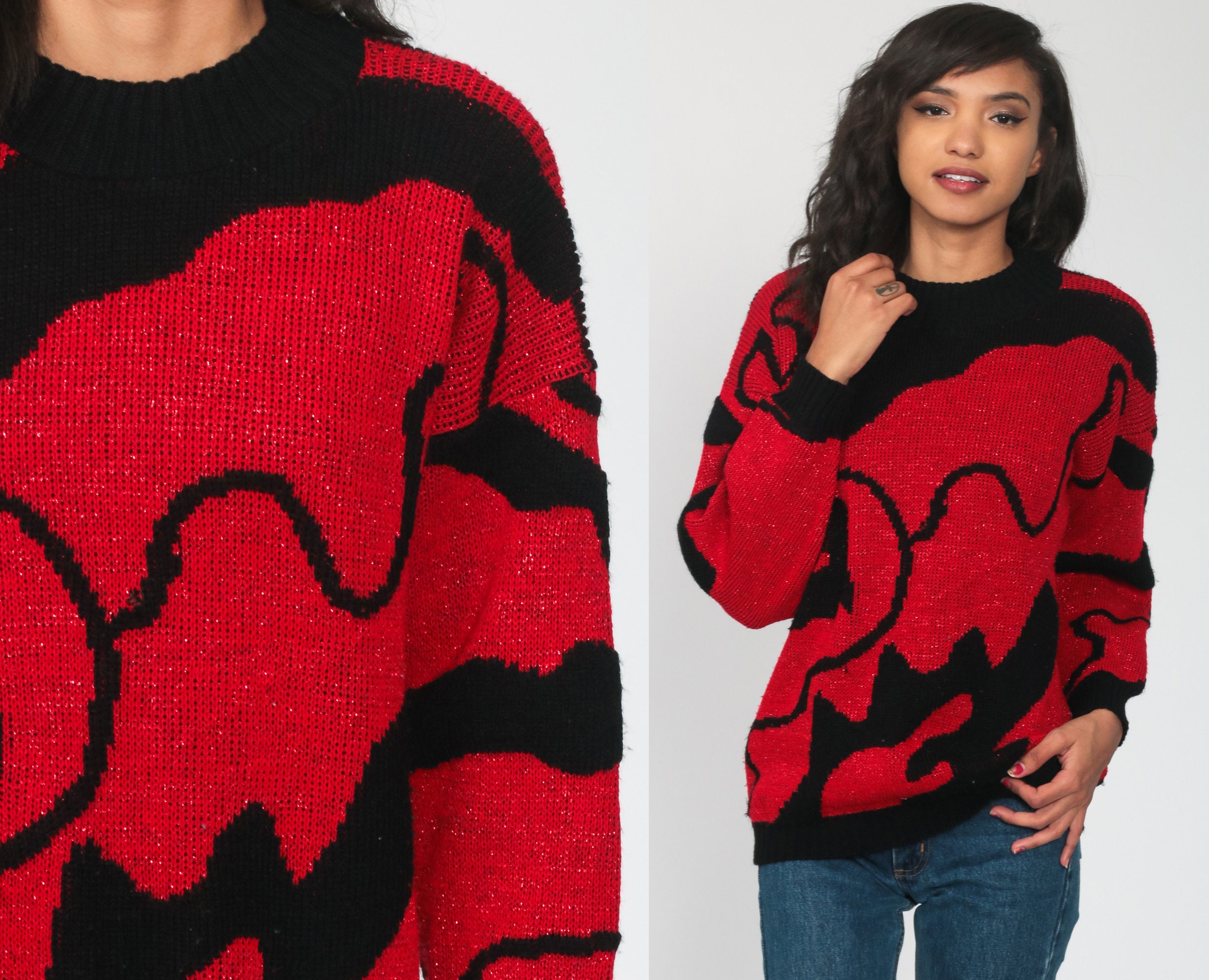 Metallic Sweater Red Swirl Sweater Knit 80s Jumper Pullover Sparkly Geometric Sweater Vintage 