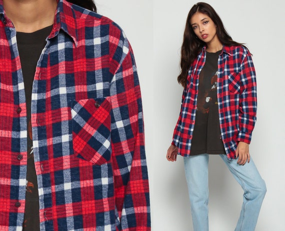 Flannel Shirt 90s Red Blue Plaid Shirt Grunge Lumberjack Navy White Oversize Long Sleeve Button Up Vintage Lumberjack Retro Medium