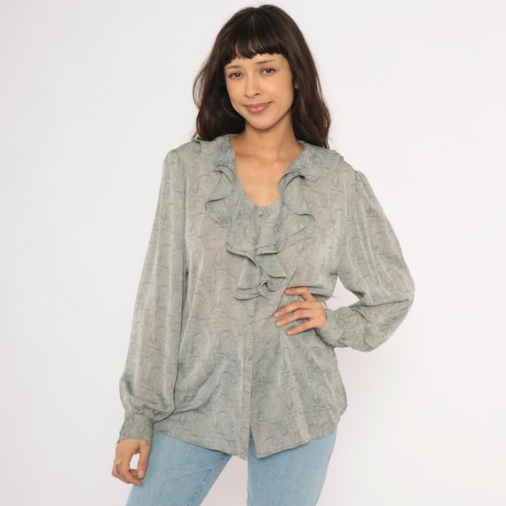 Paisley Ruffle Blouse 90s Grey Silver Button Front V Neck Long Sleeve Romantic Feminine Top Print Shirt Puff Cuff Vintage Women's Large L