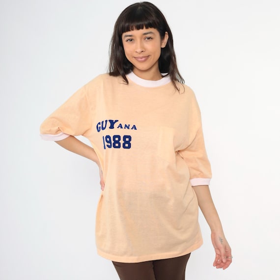 Vintage Peach Ringer T-Shirt 80s Guyana 1988 Graphic Tee Paper Thin USA Flocked Velvet Letters 1980s Travel Souvenir Large xl