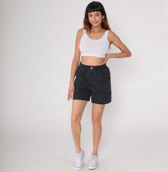90s Utility Shorts Black Cotton Elastic Waist Cargo Pockets Hiking Camping Outdoor Casual Vintage Pull On Relaxed Lightweight Small Medium