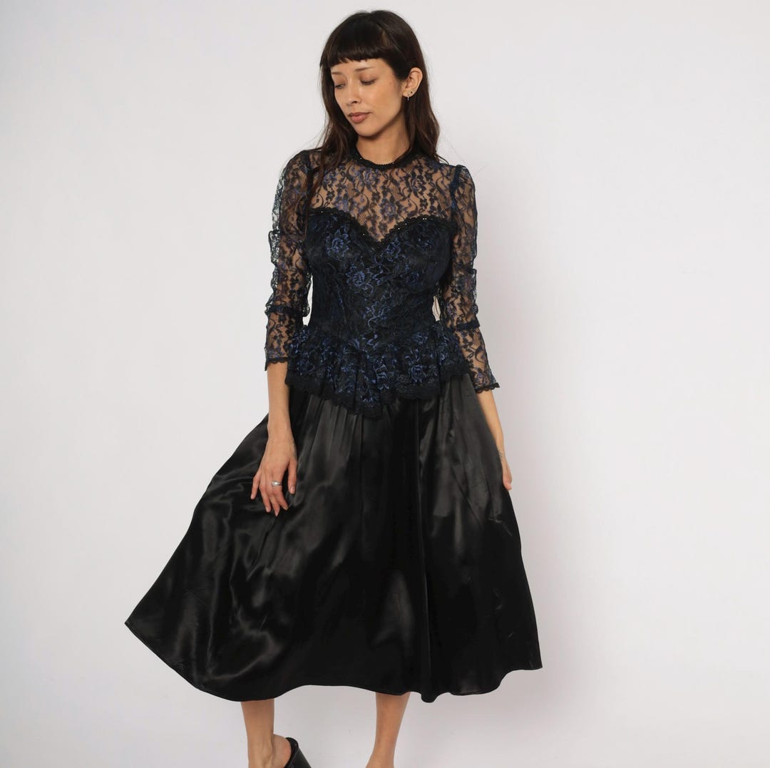 80s Gunne Sax Lace Dress Black Navy Floral Peplum Bodice Satin Sheer Sleeve Sweetheart Cocktail Evening Gown Victorian Gothic Party Medium M