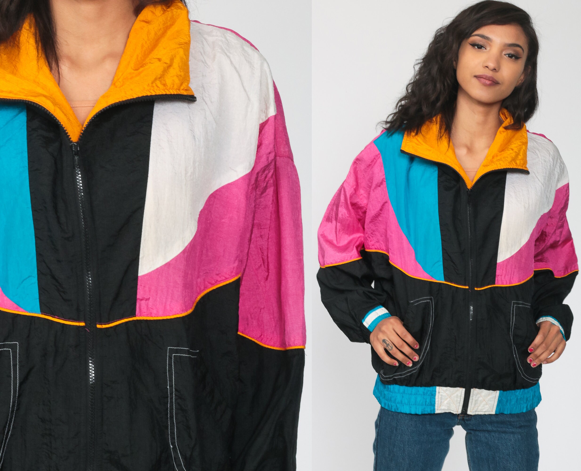 90s Windbreaker Jacket Black Hot Pink 