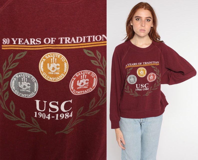 80s USC Sweatshirt University of Southern California Pullover Los Angeles Trojans College Sweater Maroon Raglan Sleeve Vintage 1980s Large L image 1