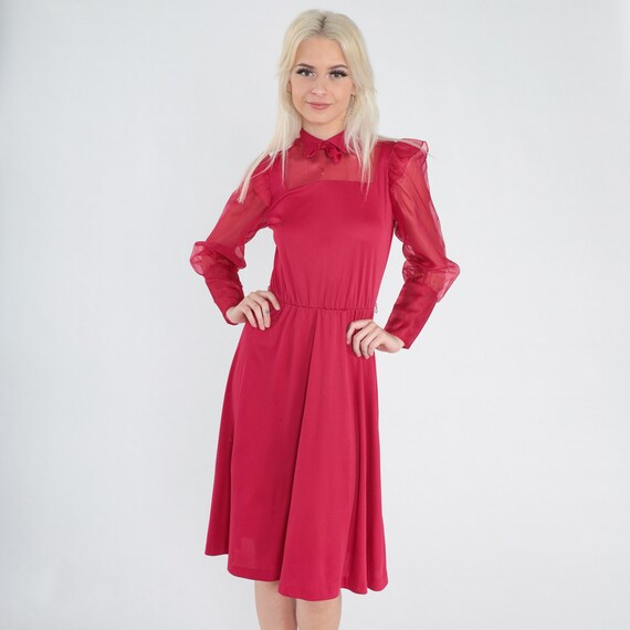 Raspberry Red Party Dress 70s Midi Dress Collared Bow Tie Neck High Waisted Long Sheer Sleeve Girly Ruffled Vintage 1970s Extra Small xs