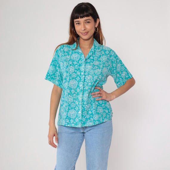 Turquoise Batik Shirt 90s Button Up Blouse Teal White Geometric Print Short Sleeve Collared Summer Beach Resort Wear Top Boxy Medium M