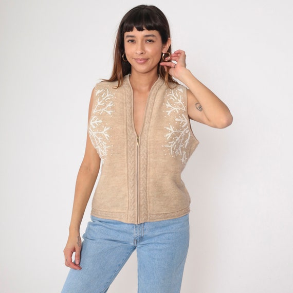 Vintage Y2K Wool Vest Beige Sleeveless Snowflake Embroidered Zip-Up Sweater Vest V Neck Winter Knit Large L